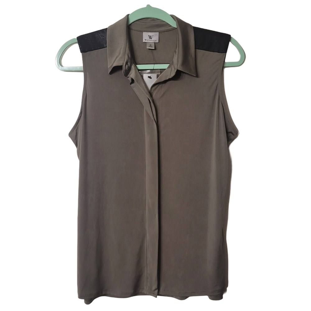 Worthington Gray Faux Leather Shoulders Sleeveless Pullover Blouse Size Medium